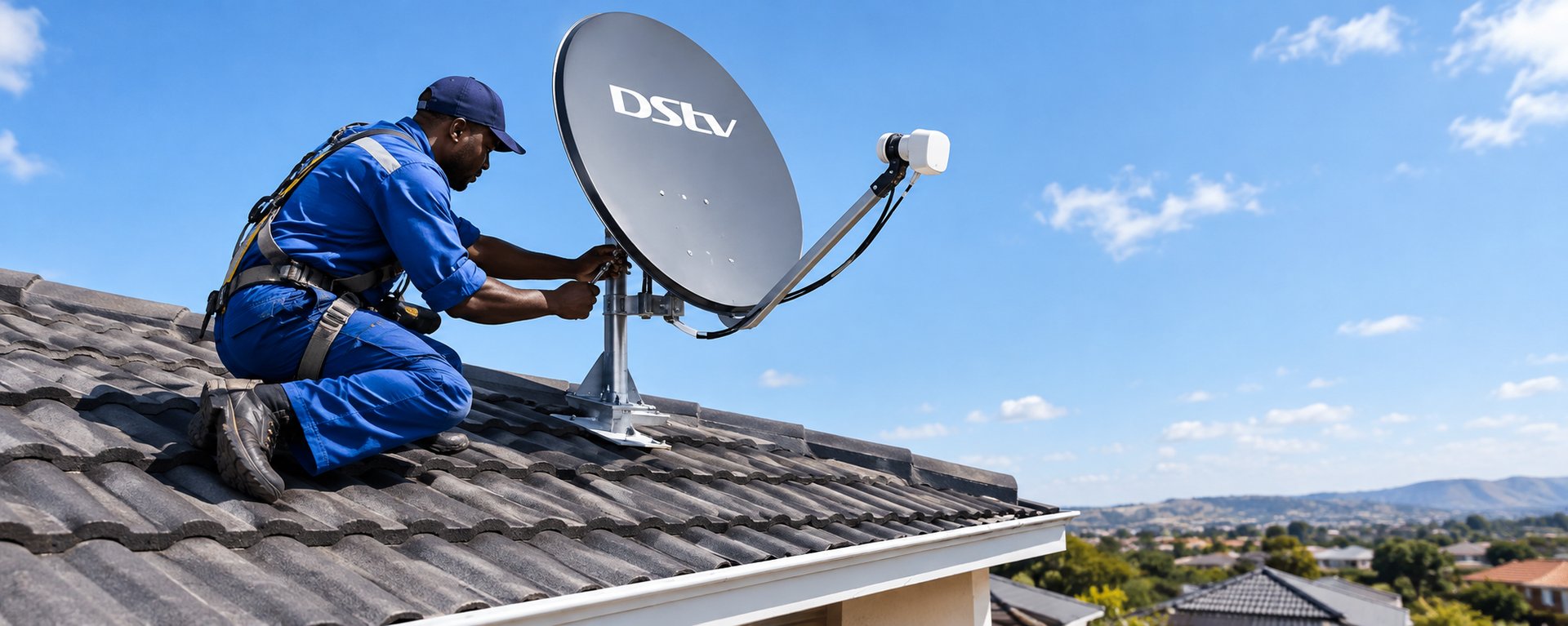 DStv satellite dish installation on a rooftop